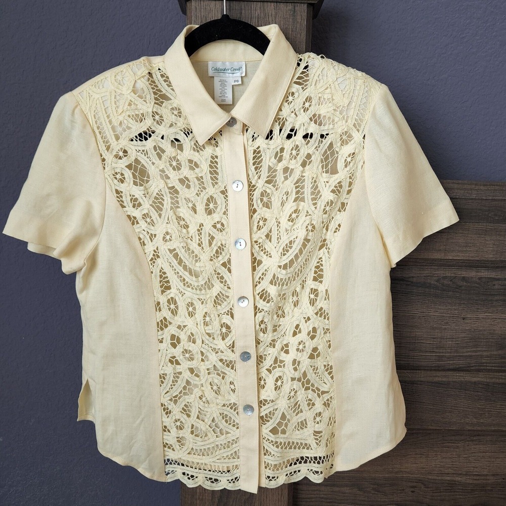 Coldwater Creek Women 100% Linen Short Sleeve Button Top Yellow‎ size 8 P Flaw